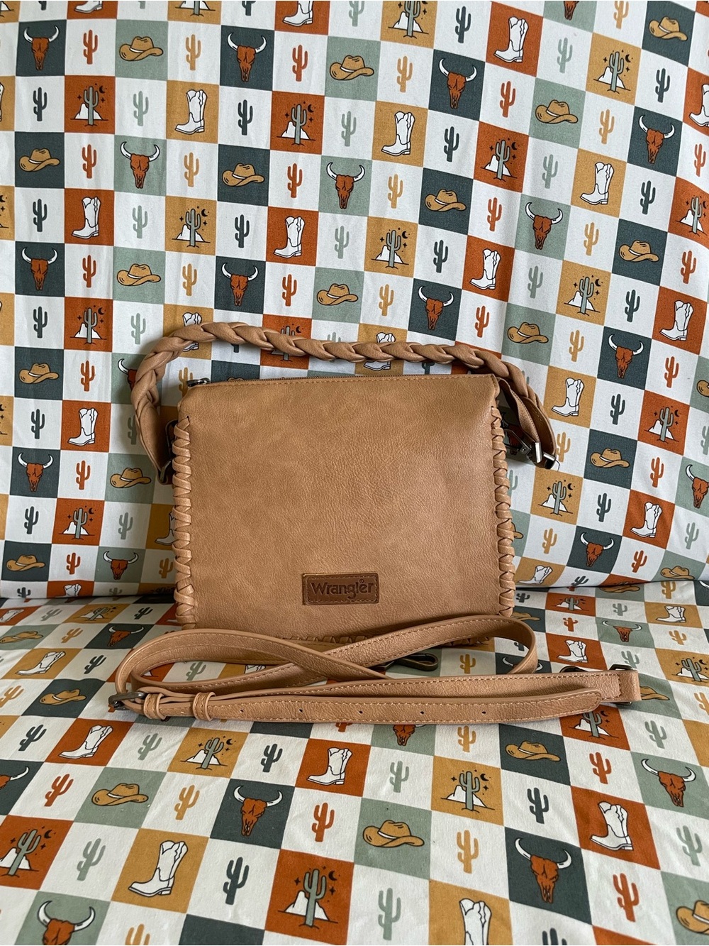 Wrangler Cognac Brown Braided Leather Crossbody Bag
